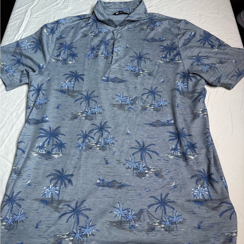 Travis Mathew Gray and Blue Palm Print Polo